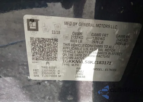 2019 GMC Acadia Slt-1 from USA, damaged, VIN 1GKKNVLS8KZ183171